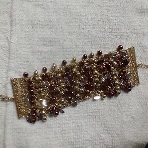 Goldtone brown beads 🟤🤎 silver reflective pieces wide chain bracelet